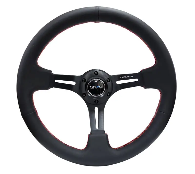 NRG Reinforced Steering Wheel (350mm / 3in. Deep) Black Leather/Red Stitch & Blk 3-Spoke w/Slits (Universal) (NRGRST-018R-RS)