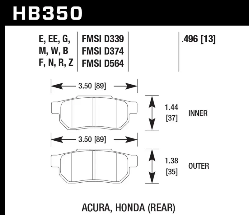 Hawk 90-01 Acura Integra (excl Type R) / 98-00 Civic Coupe Si DTC-60 Race Rear Brake Pads (HAWKHB350G.496)