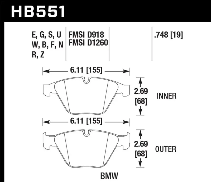 Hawk 07-09 BMW 335d/335i/335xi / 08-09 328i/M3 Performance Ceramic Street Front Brake Pads (HAWKHB551Z.748)