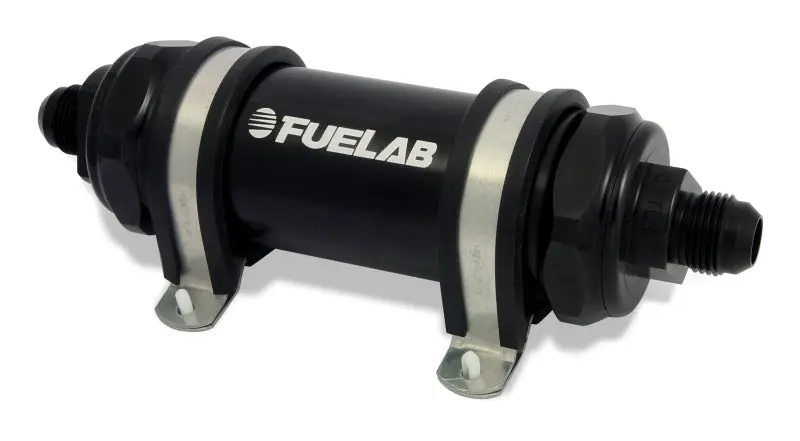 Fuelab 858 In-Line Fuel Filter Long -8AN In/Out 40 Micron Stainless w/Check Valve - Black (FLB85811-1)