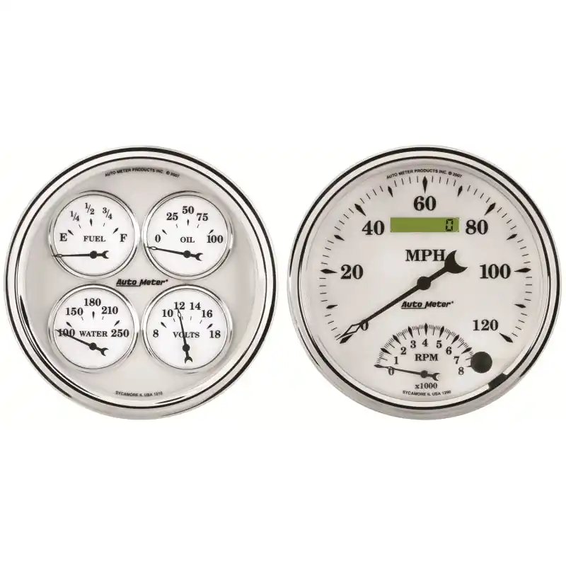 AutoMeter Gauge Kit 2 Pc. Quad & Tach/Speedo 5in. Old Tyme White II (ATM1203)