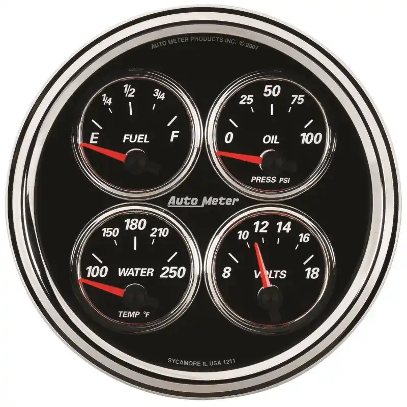 Autometer Designer Black II 100PSI/100-250 Deg F/8-18 Volt Oil Press/Water Temp/Volt/Fuel Quad Gauge (ATM1224)