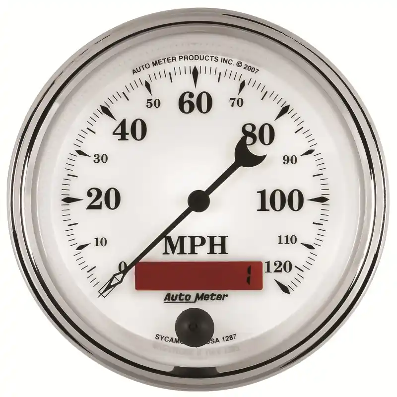 AutoMeter Gauge Speedometer 3-3/8in. 120MPH Elec. Prog. W/ Lcd Odo Old Tyme Wht II (ATM1287)