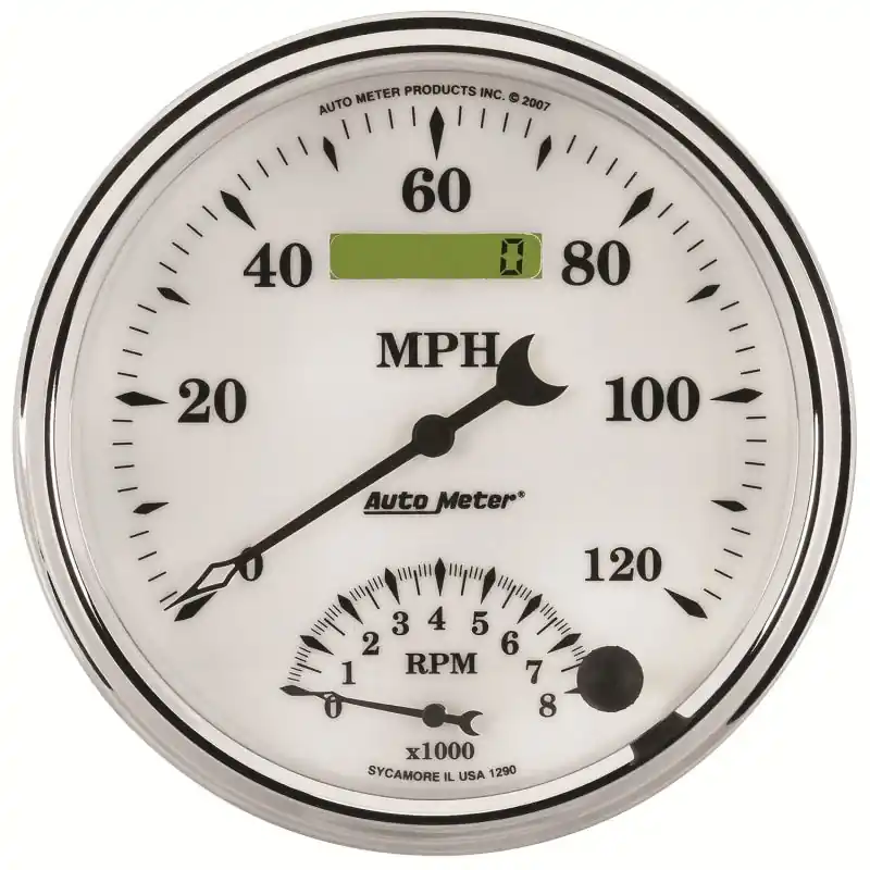 AutoMeter Gauge Tach/Speedo 5in. 120MPH & 8K RPM Elec. Program Old Tyme White II (ATM1290)