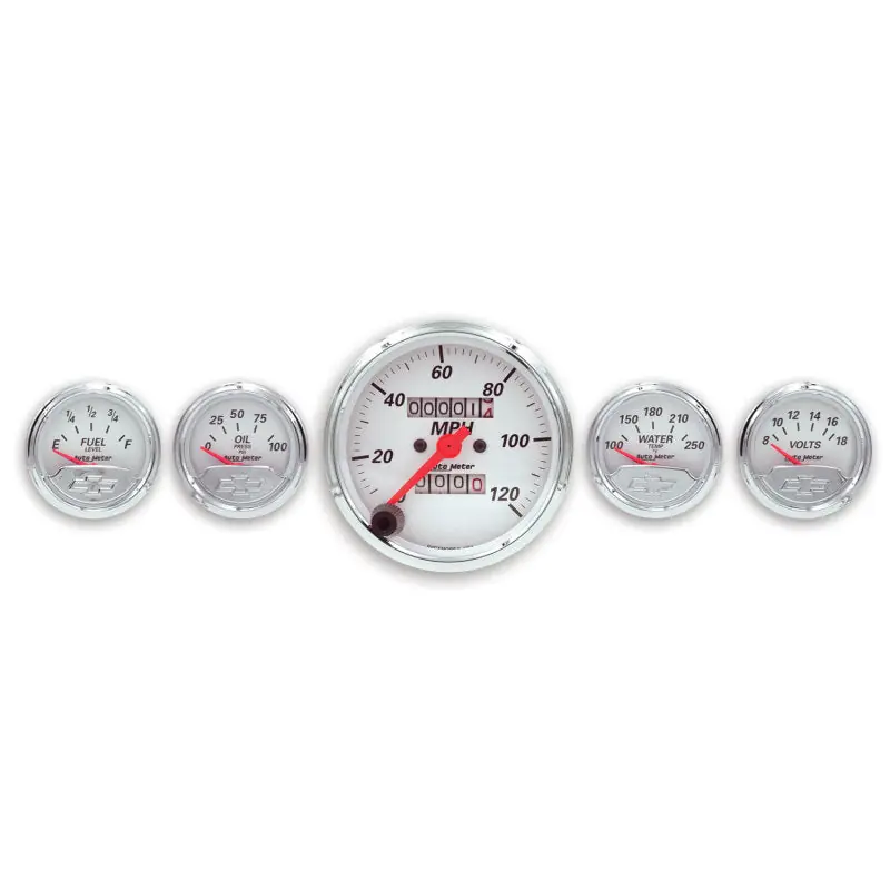 Autometer Arctic White GM 5 Pc Kit Box w/ Mech Speedo, Elec Oil Press, Water Temp, Volt, Fuel Level (ATM1300-00408)