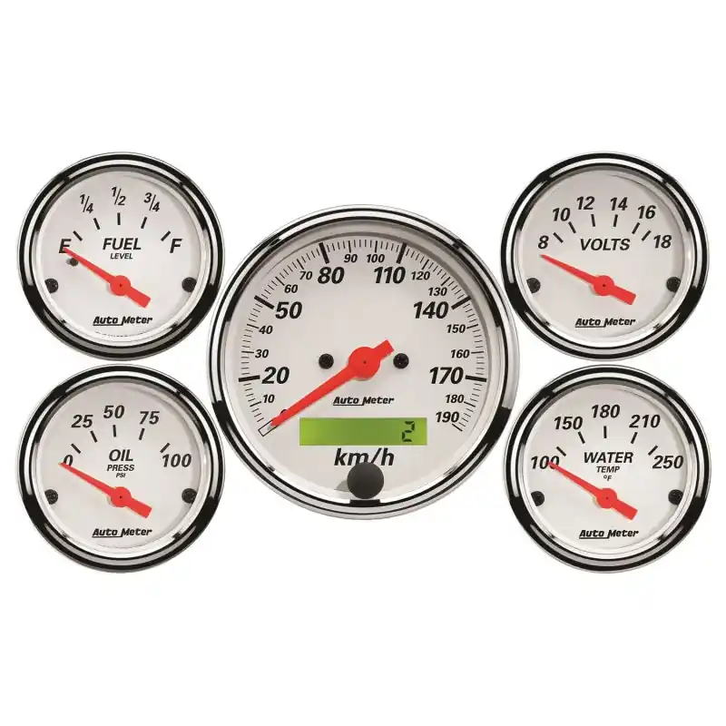 Autometer Arctic White 5 Pc Kit Box w/ Elec KMH Speedo, Elec Oil Press, Water Temp, Volt, Fuel Level (ATM1302-M)