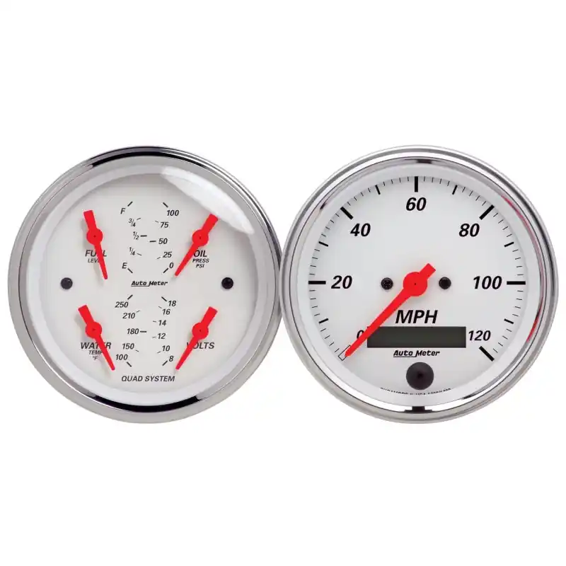 Autometer Arctic White 3-3/8in Kit Box w/Elec Speedo Elec Oil Press, Water Temp, Volt, Fuel Level (ATM1308)