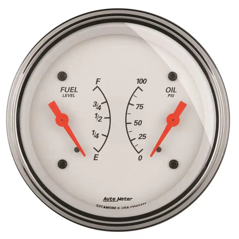 AutoMeter Gauge Dual Fuel & Oilp 3-3/8in. 240 Ohm(e) to 33 Ohm(f) & 100PSI Elec Arctic White (ATM1313)
