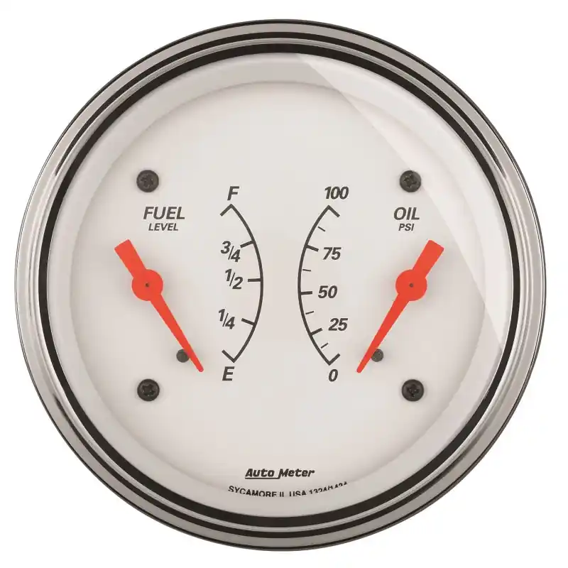 AutoMeter Gauge Dual Fuel & Oilp 3-3/8in. 0 Ohm(e) to 90 Ohm(f)& 100PSI Elec Arctic White (ATM1324)