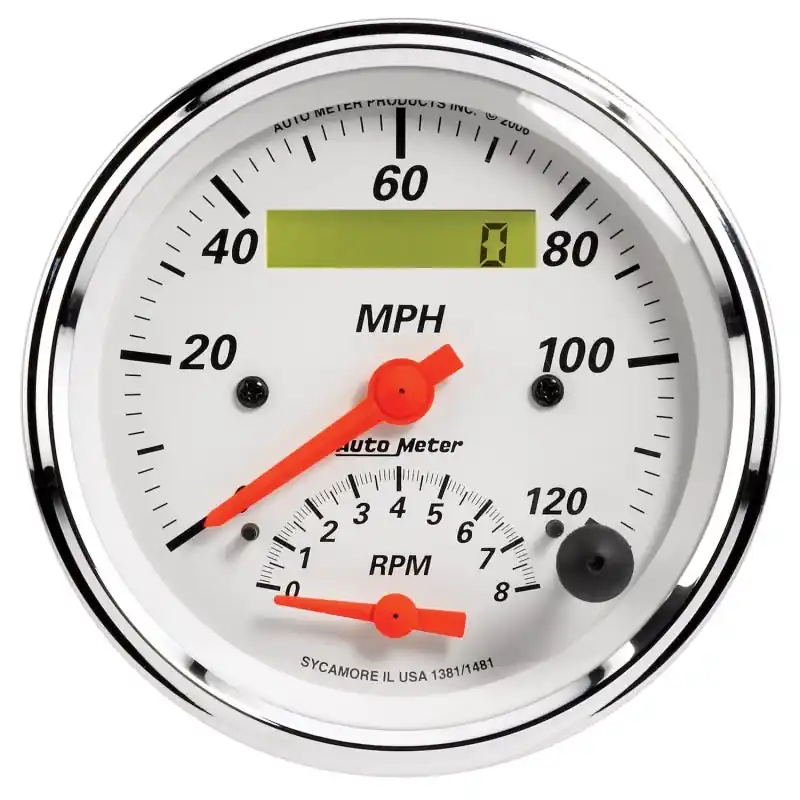 AutoMeter Gauge Tach/Speedo 3-3/8in. 120MPH & 8K RPM Elec. Program. Arctic White (ATM1381)