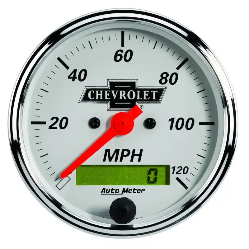 AutoMeter Gauge Speedo 3-1/8in. 120MPH Elec Prog W/ Lcd Odo Chevrolet Heritage Bowtie (ATM1388-00408)