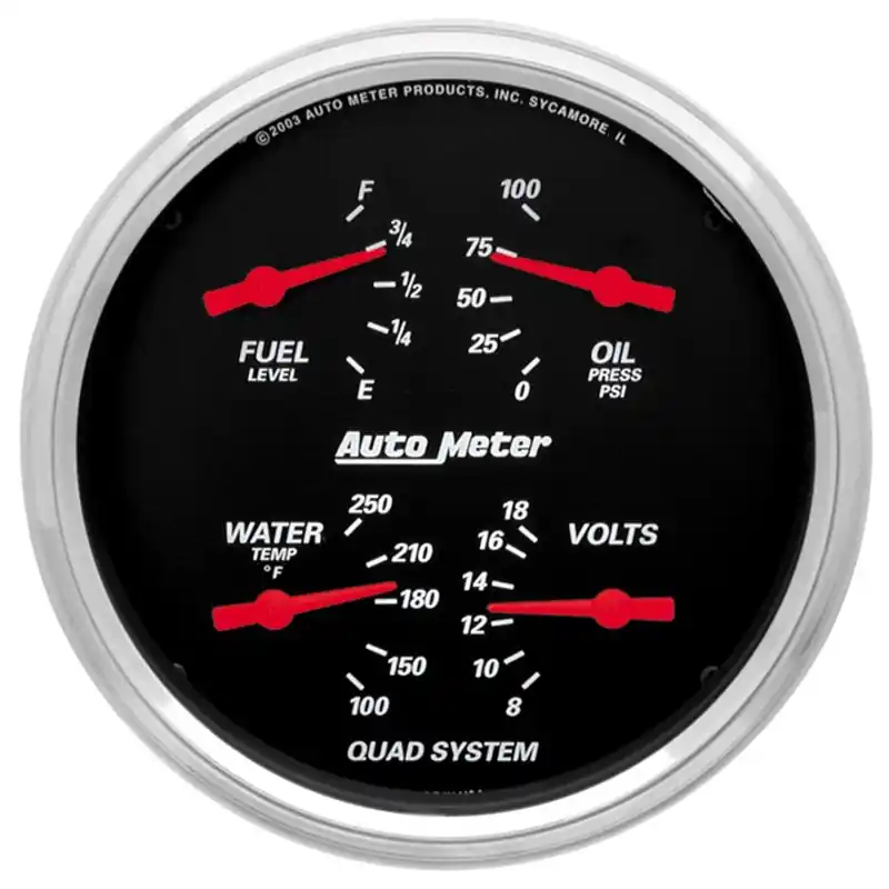 Autometer Designer Black 5in Quad Gauge - Fuel Level / Oil Pressure / Water Temperature / Voltmeter (ATM1410)