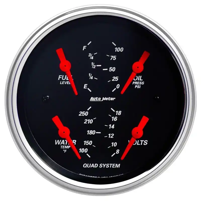 Autometer Designer Black 3-3/8in Quad Gauge - Fuel Level/Oil Pressure/Water Temperature/Voltmeter (ATM1412)