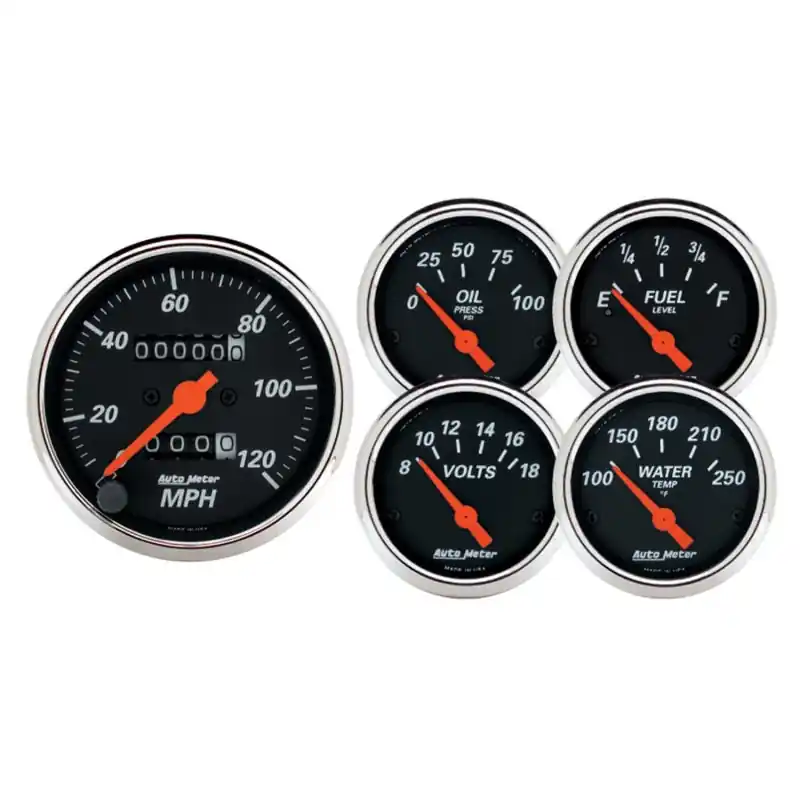 Autometer Designer Black 5pc 100-250deg Temp / 8-18V Volt / 120mph Speed / 100psi Oil / E-F Fuel (ATM1420)