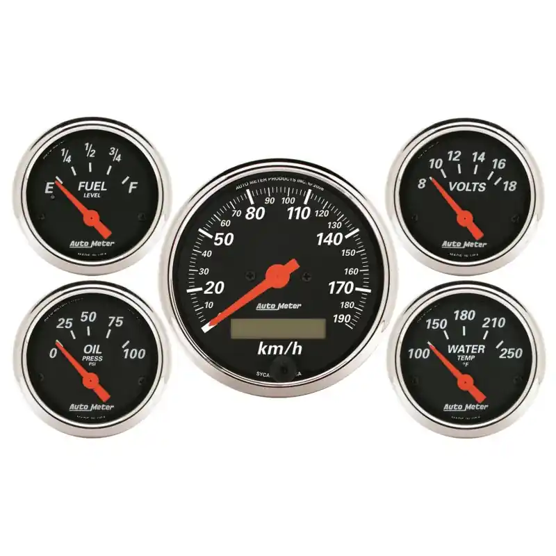 Autometer Designer Black 5 Pc Kit w/ Elec KMH Speedo, Oil Press, Water Temp, Volt, Fuel Level (ATM1421-M)