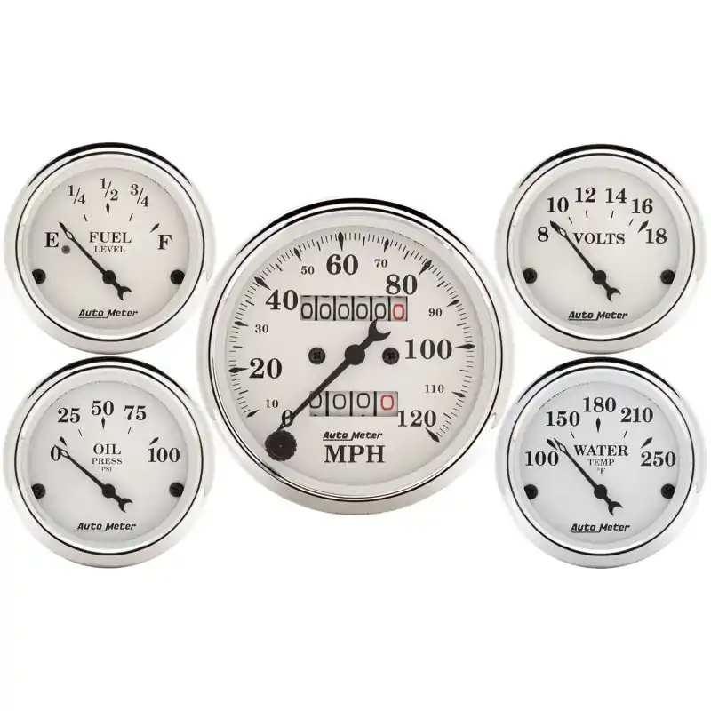 Auto Meter Speedometer 3-1/8in and 2-1/16in Mechanical 5-Piece Old Tyme White Gauge Kit (ATM1601)