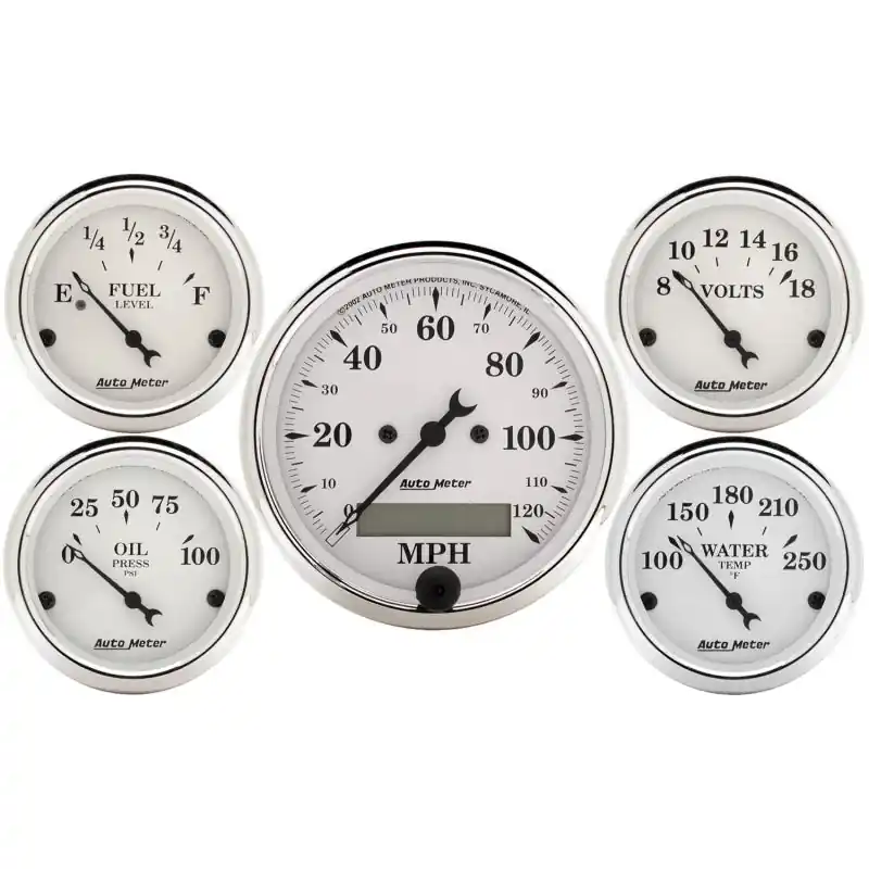 Autometer Old Tyme White 5 Piece Kit (Elec Speed/Elec Oil Press/Water Temp/Volt/Fuel Level) In-Dash (ATM1602)