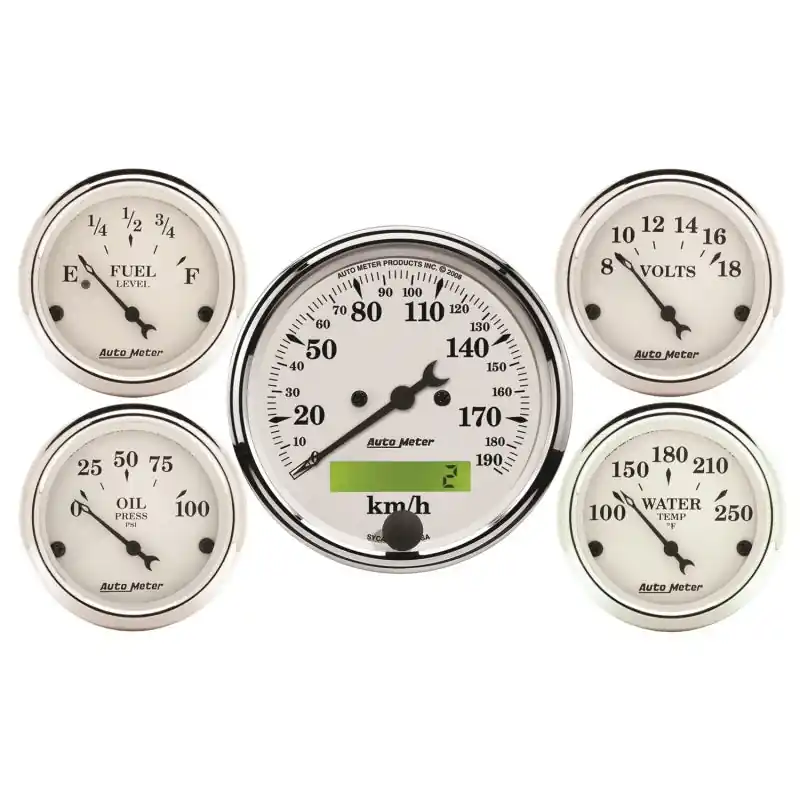 Autometer Old Tyme White 5 Pc Kit-Elec Speed(Km/H)/Elec Oil Press/Water Temp/Volt/Fuel Level (ATM1602-M)