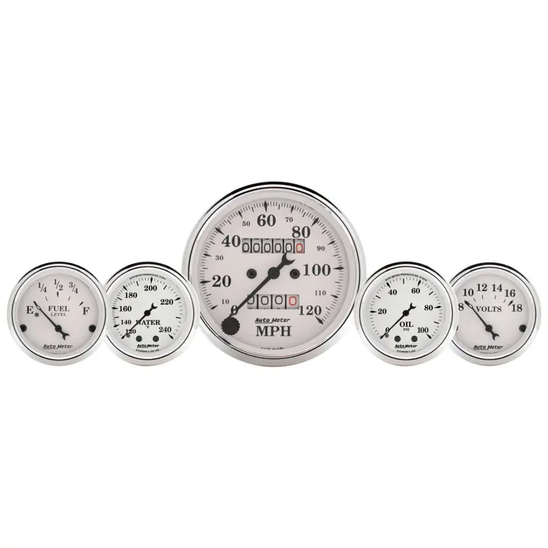 AutoMeter Gauge Kit 5 Pc. 3-1/8in. & 2-1/16in. Mech. Speedo. Wtmp & Oilp Old Tyme Wht (ATM1611)