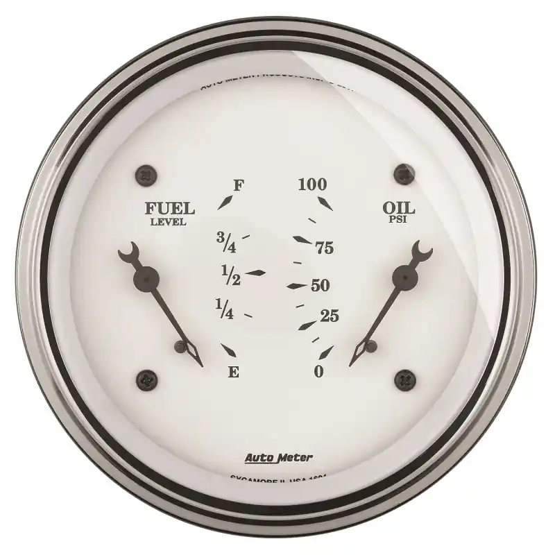 AutoMeter Gauge Dual Fuel & Oilp 3-3/8in. 240 Ohm(e) to 33 Ohm(f) & 100PSI Elec Old Tyme Wht (ATM1613)
