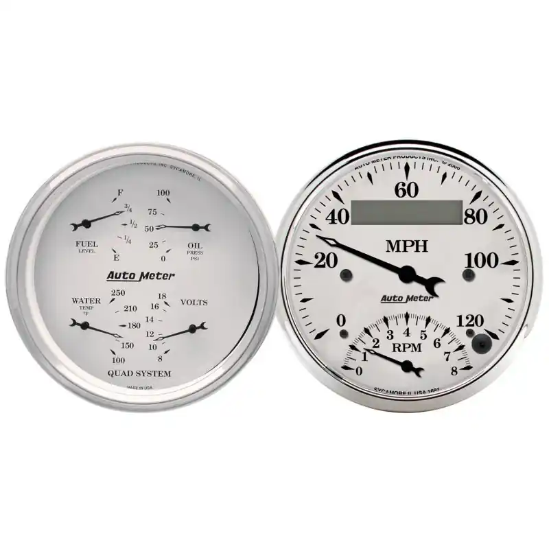 AutoMeter Gauge Kit 2 Pc. Quad & Tach/Speedo 3-3/8in. Old Tyme White (ATM1620)