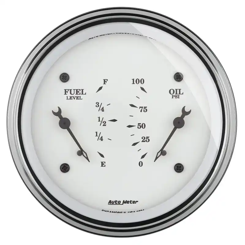 AutoMeter Gauge Dual Fuel & Oilp 3-3/8in. 0 Ohm(e) to 90 Ohm(f)& 100PSI Elec Old Tyme White (ATM1624)