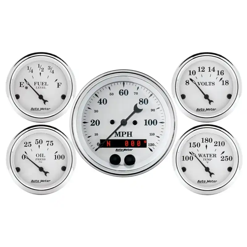 Auto Meter Speedometer 3-3/8in and 2-1/16in 5 Piece Old Tyme White Gauge Kit (ATM1650)