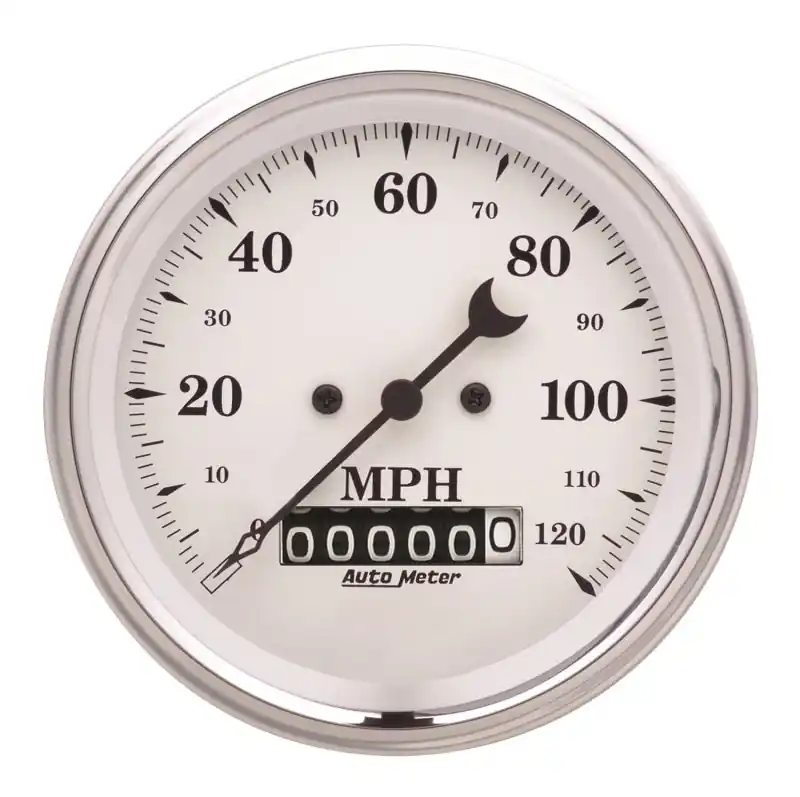 AutoMeter Gauge Speedo. 3-3/8in. 120MPH Elec. Prog. W/ Wheel Odo Old Tyme White (ATM1679)