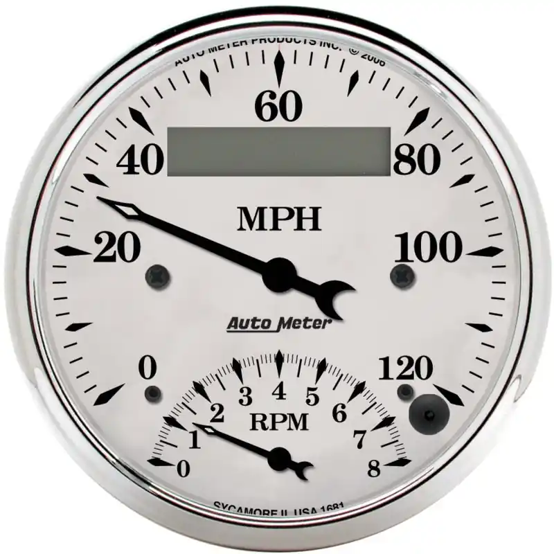AutoMeter Gauge Tach/Speedo 3-3/8in. 120MPH & 8K RPM Elec. Program. Old Tyme Wht (ATM1681)
