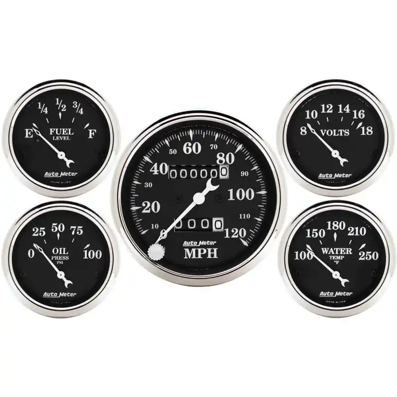 Auto Meter Gauge Kit 5 pc. 3 1/8in & 2 1/16in Mechanical Speedometer Old Tyme Black (ATM1708)