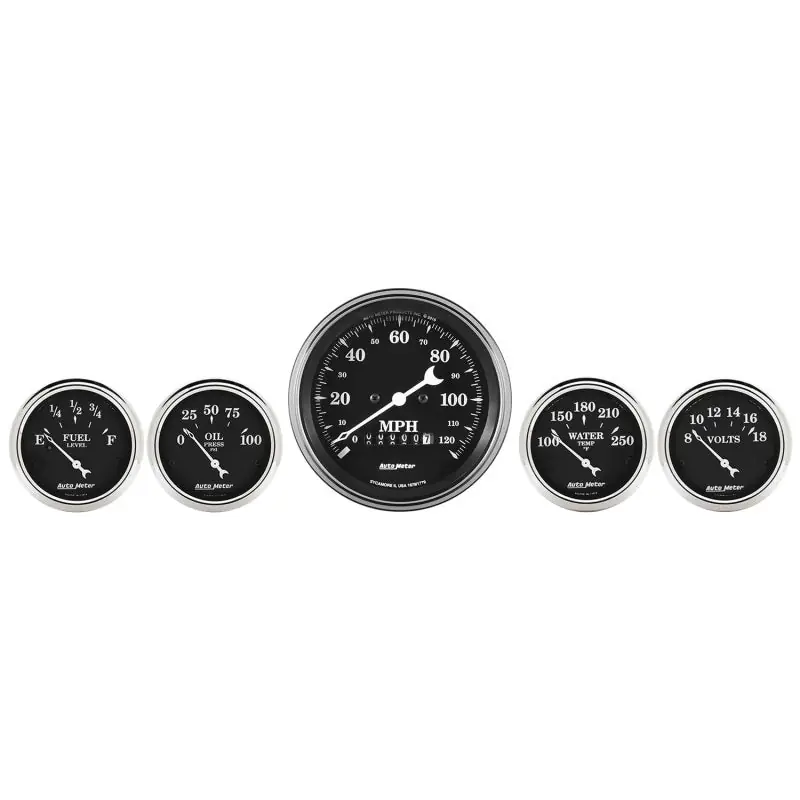 Auto Meter Gauge Kit 5 pc. 3 3/8in & 2 1/16in Elec. Speedometer Old Tyme Black (ATM1740)