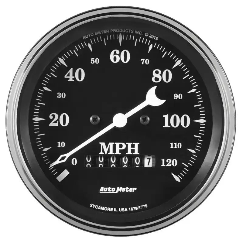Auto Meter Gauge Speedo. 3 3/8in 120mph Elec. Prog. w/ Wheel Odo Old Tyme Black (ATM1779)