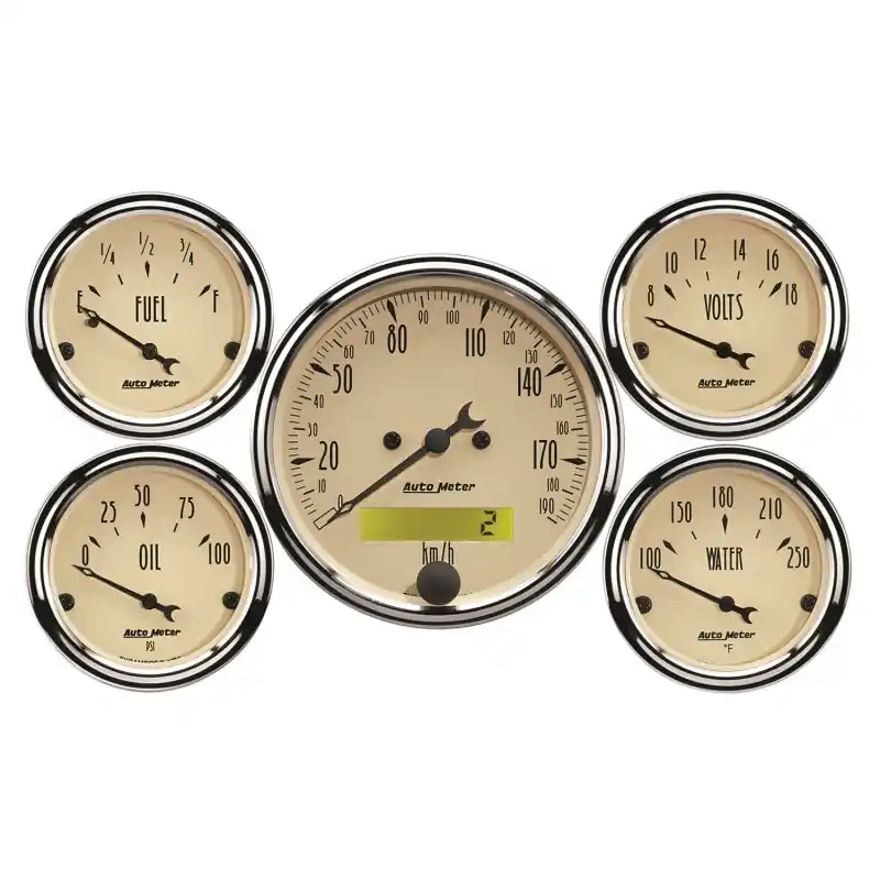 Autometer Antique Beige 5-Gauge Kit 3-1/8in Electrical Speedometer 190KPH (ATM1809-M)