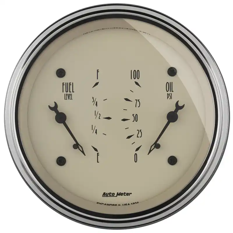 AutoMeter Gauge Dual Fuel & Oilp 3-3/8in. 0 Ohm(e) to 90 Ohm(f)& 100PSI Elec Antq Beige (ATM1824)