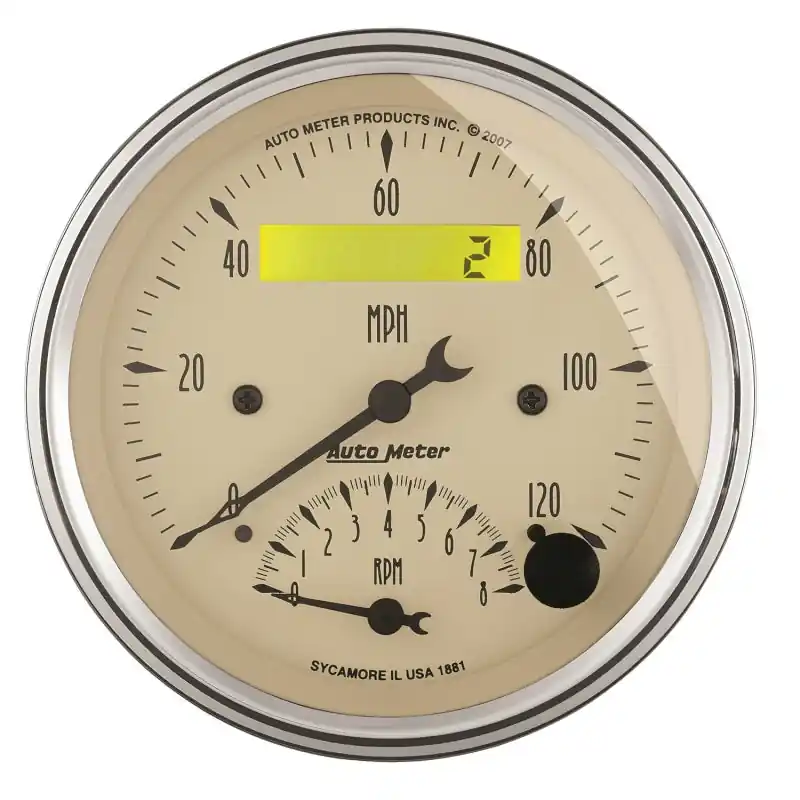 AutoMeter Gauge Tach/Speedo 3-3/8in. 120MPH & 8K RPM Elec. Program. Antq Beige (ATM1881)
