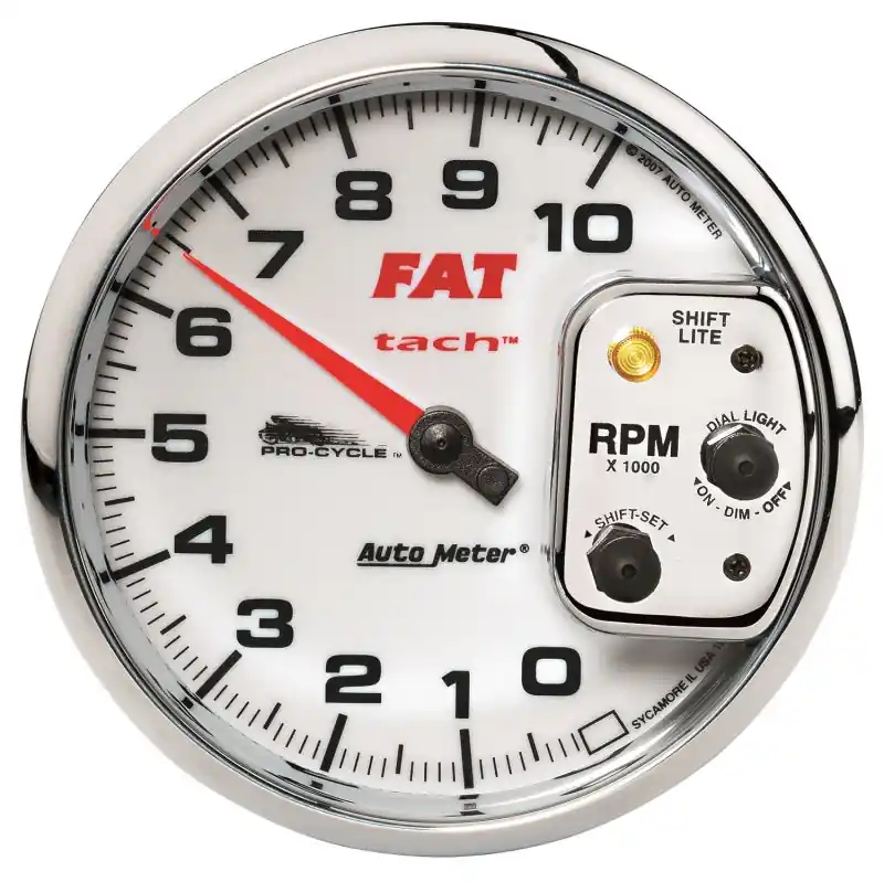 Autometer Pro-Cycle Gauge Tach 5in 10K Rpm Shift- Lite 2&4 Cylinder White Fat Tach (ATM19265)
