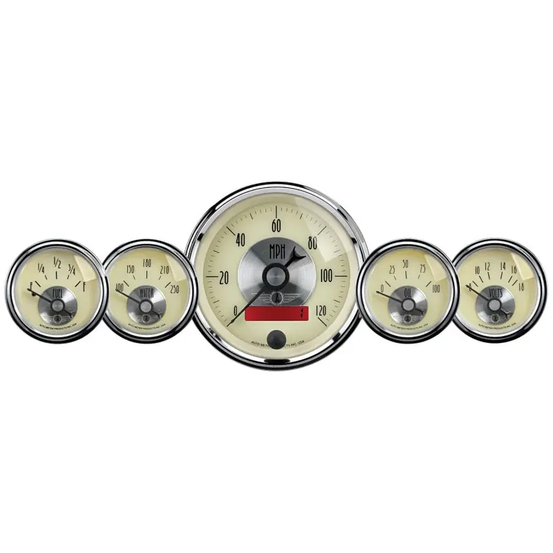AutoMeter Gauge Kit 5 Pc. 3-3/8in. & 2-1/16in. Elec. Speedo W/Lcd Odo Prestige Antq. Ivory (ATM2000)