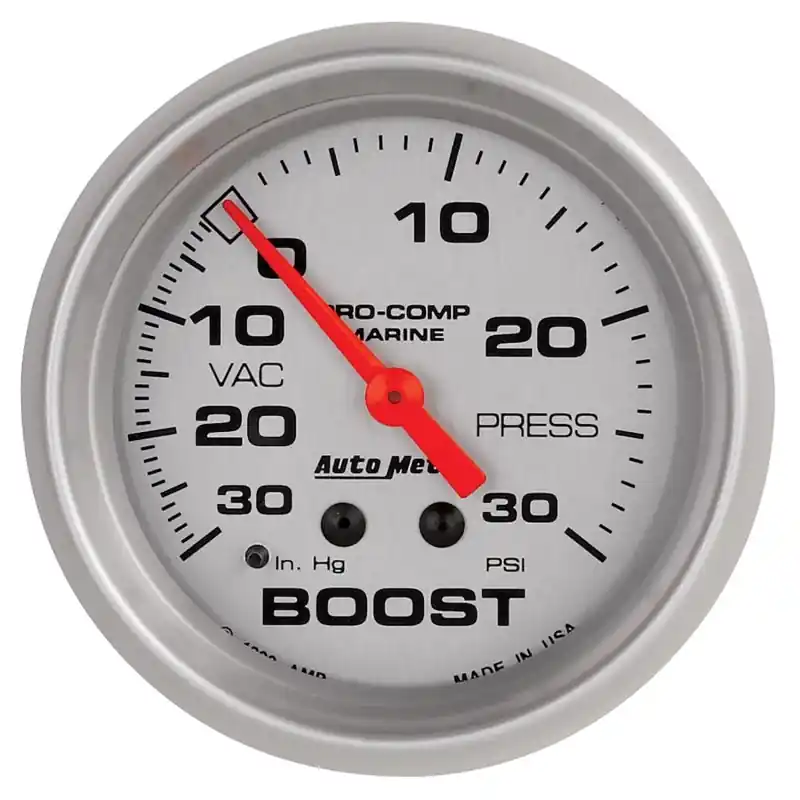 AutoMeter Marine Vac/Boost Gauge 2 5/8in 30INHG 30PSI Mechanical- Silver (ATM200775-33)