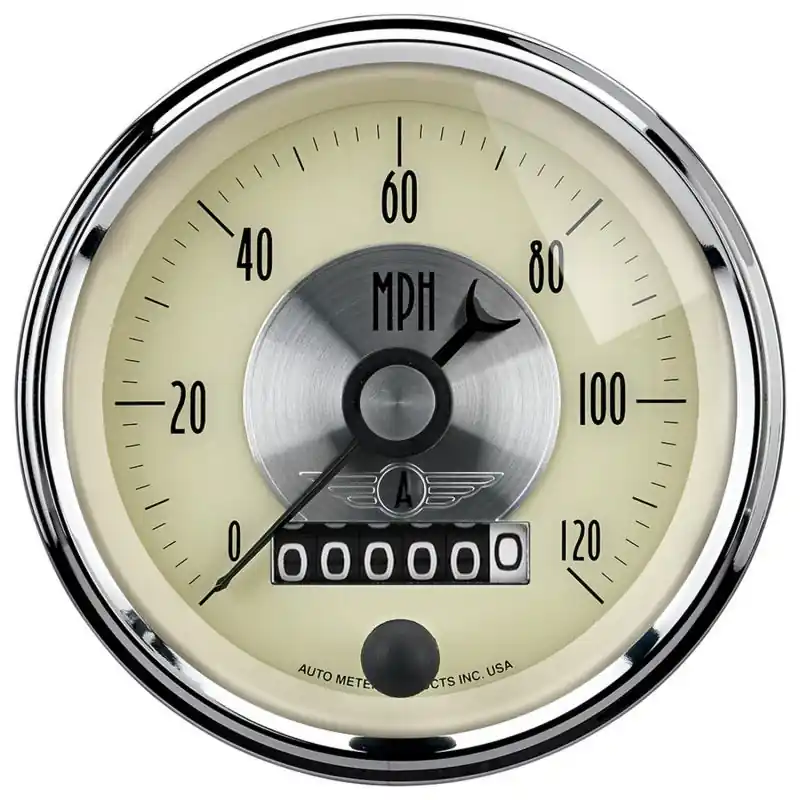 AutoMeter Gauge Speedo 3-3/8in. 120MPH Elec. Program W/Wheel Odo Prestige Antq. Ivory (ATM2089)
