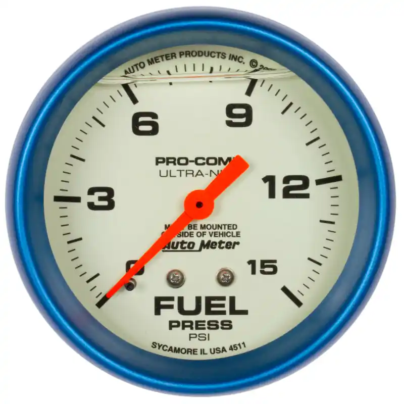 Autometer Ultra-Nite 2-5/8in 15psi Mechanical Glow In The Dark Fuel Pressure Gauge (ATM4211)