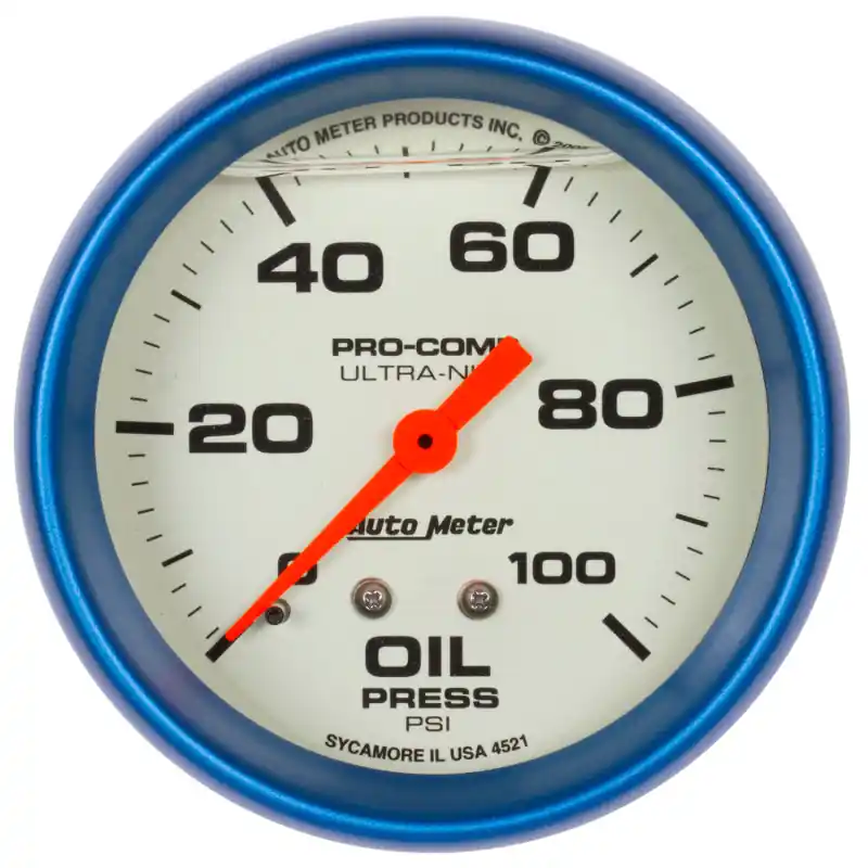 Autometer Ultra-Nite 2-5/8in 0-100 PSI Liquid Filled Mechanical Glow In Dark Oil Pressure Gauge (ATM4221)