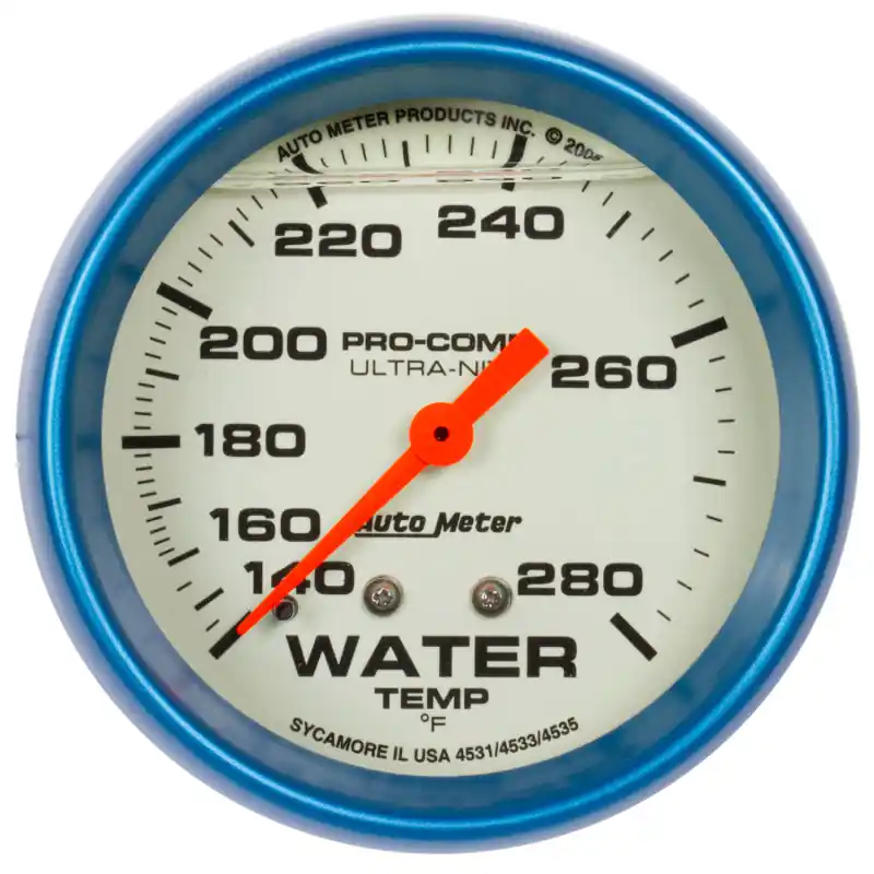 Autometer Ultra-Nite 2-5/8in 140-280 Degree Liquid Filled Mechanical Glow In Dark Water Temp Gauge (ATM4231)