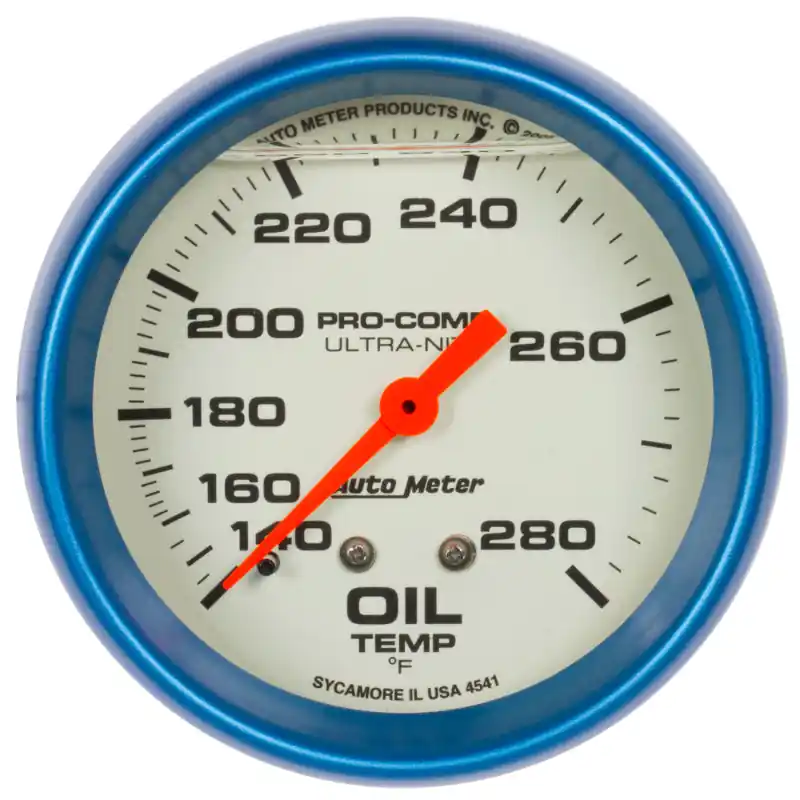 AutoMeter Gauge Oil Temp 2-5/8in. 140-280 Deg. F Liquid Filled Mech Glow In Dark Ultra-Nite (ATM4241)