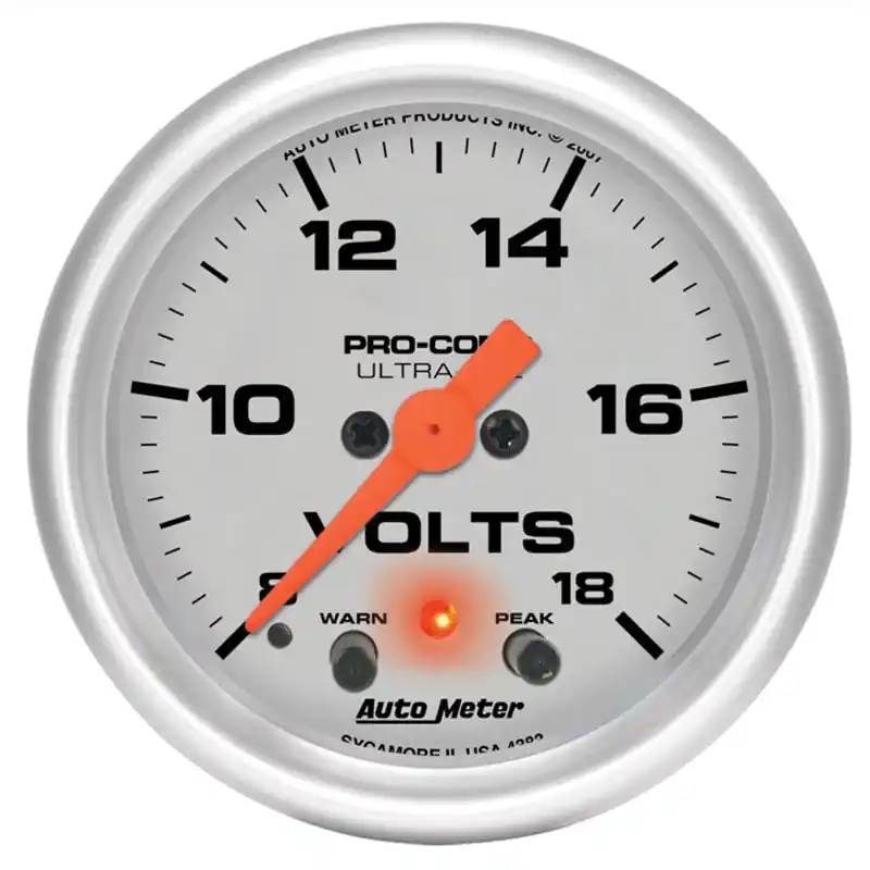 Autometer Ultra-Lite 52mm Voltmeter 18V Digital Stepper Motor w/ Peak and Warning (ATM4383)