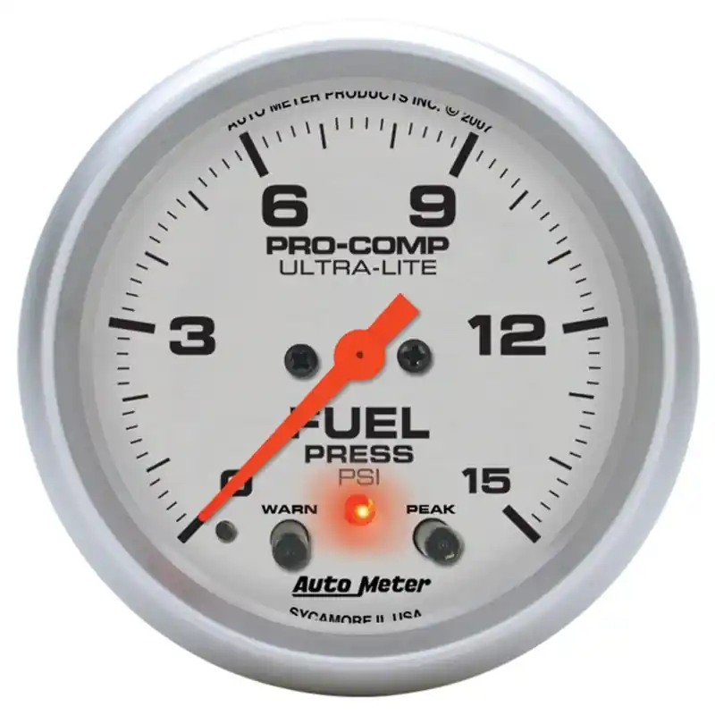 Autometer Ultra-Lite 66.7mm Full Sweep Elec 0-15 PSI Fuel Pressure w/ Peak Memory & Warning Gauge (ATM4470)