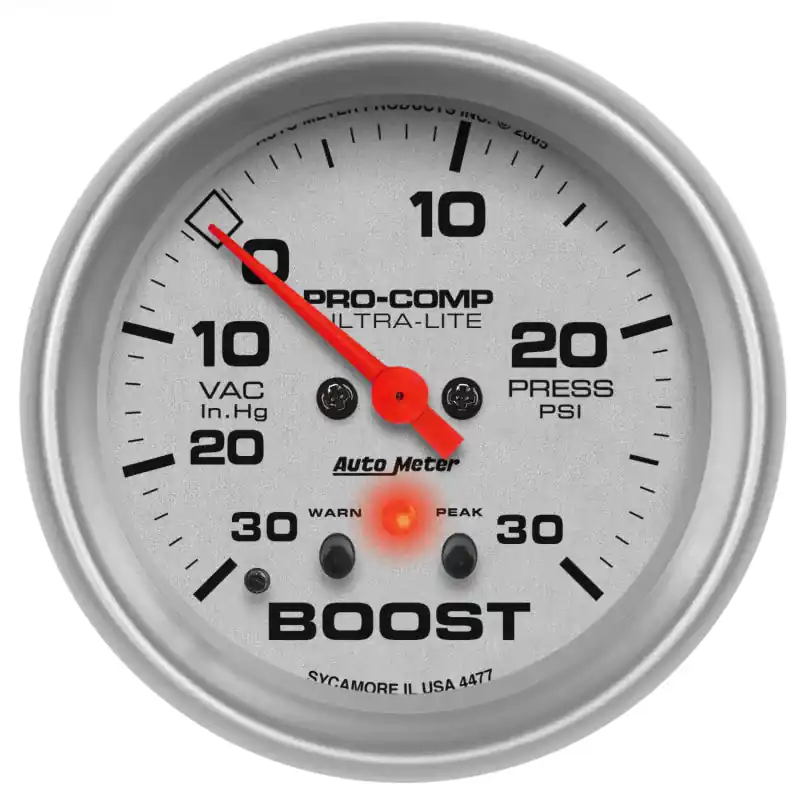 Autometer Ultra-Lite 66.7mm Full Sweep Elec 30 IN Hg/30 PSI Vacuum/Boost w/ Peak Memory & Warning (ATM4477)