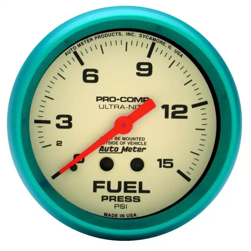 AutoMeter Gauge Fuel Press 2-5/8in. 15PSI Mech. Glow In The Dark Ultra-Nite (ATM4511)