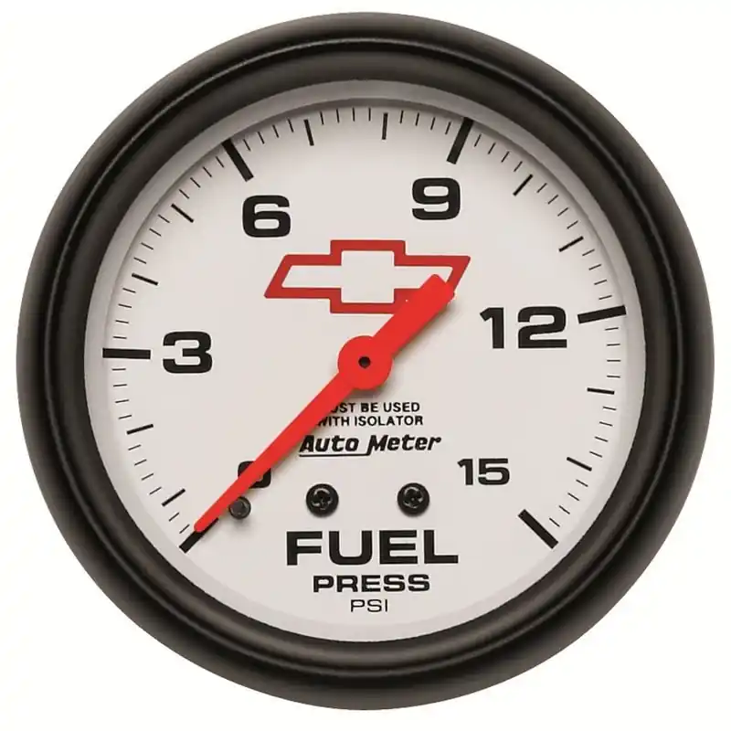 AutoMeter Gauge Fuel Press 2-5/8in. 15PSI Mech W/Isolator Chevy Red Bowtie White (ATM5813-00406)