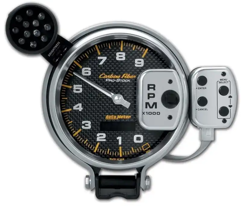 Autometer Tachometer 0-9000 RPM Carbon Fiber Pro-Stock Pedestal w/ Super Lite & Peak Mem 5in (127mm) (ATM6835)