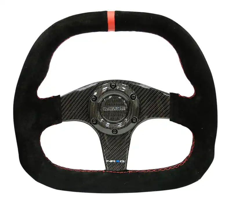 NRG Carbon Fiber Steering Wheel (320mm) Flat Btm. Blk Suede/Red Stitch w/CF Spokes & Red Center Mark (NRGST-019CF)